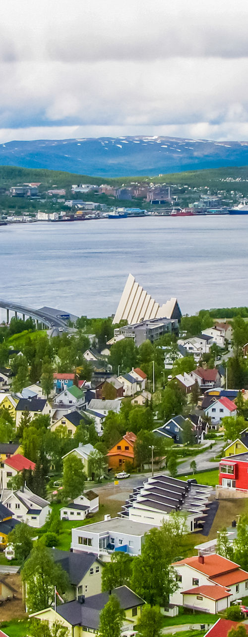 Scenic coastal town with Arctic Cathedral