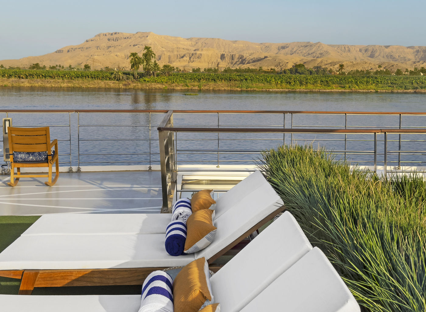 Luxury river deck with lounge chairs