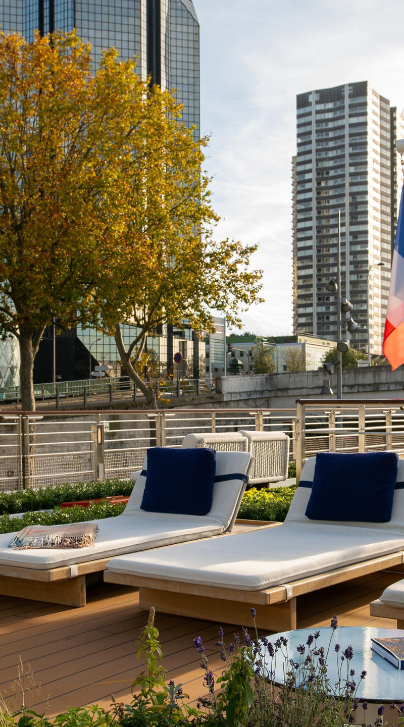 Luxury river cruise deck with Viking flag