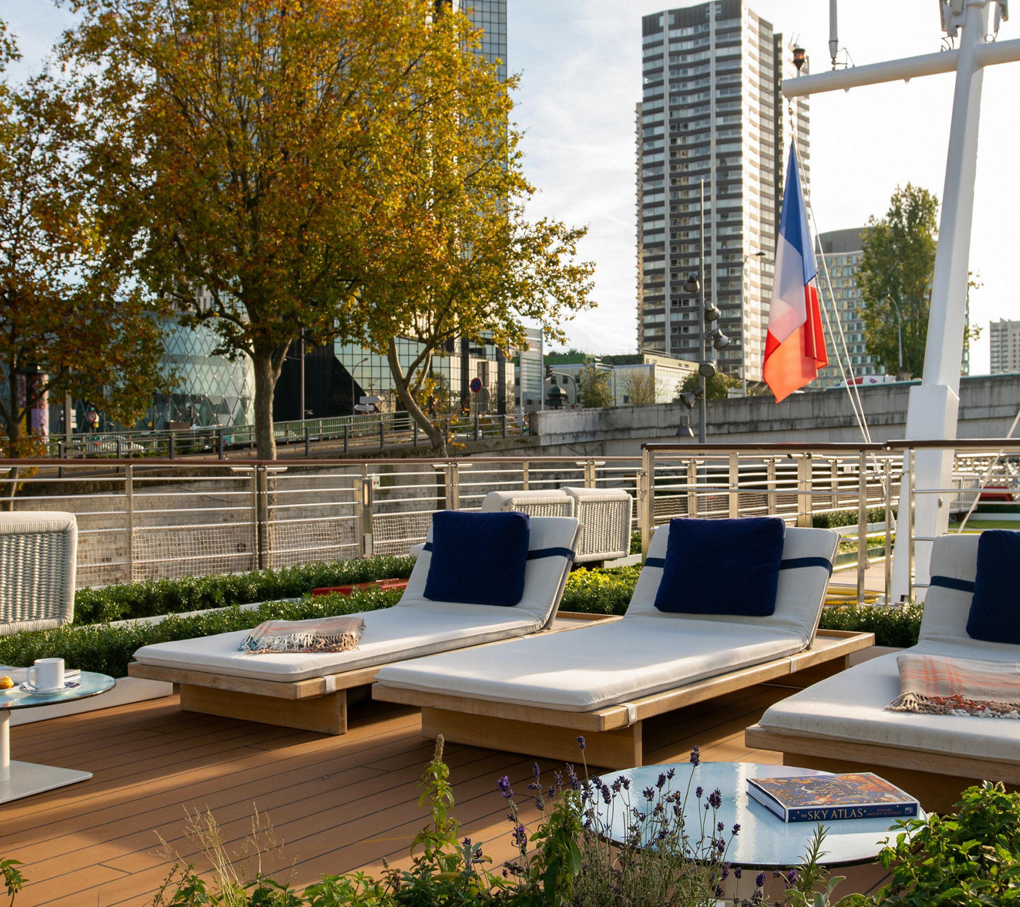 Luxury river cruise deck with Viking flag