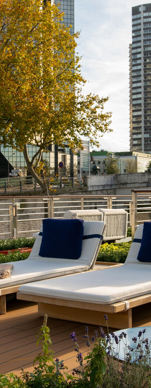 Luxury river cruise deck with Viking flag