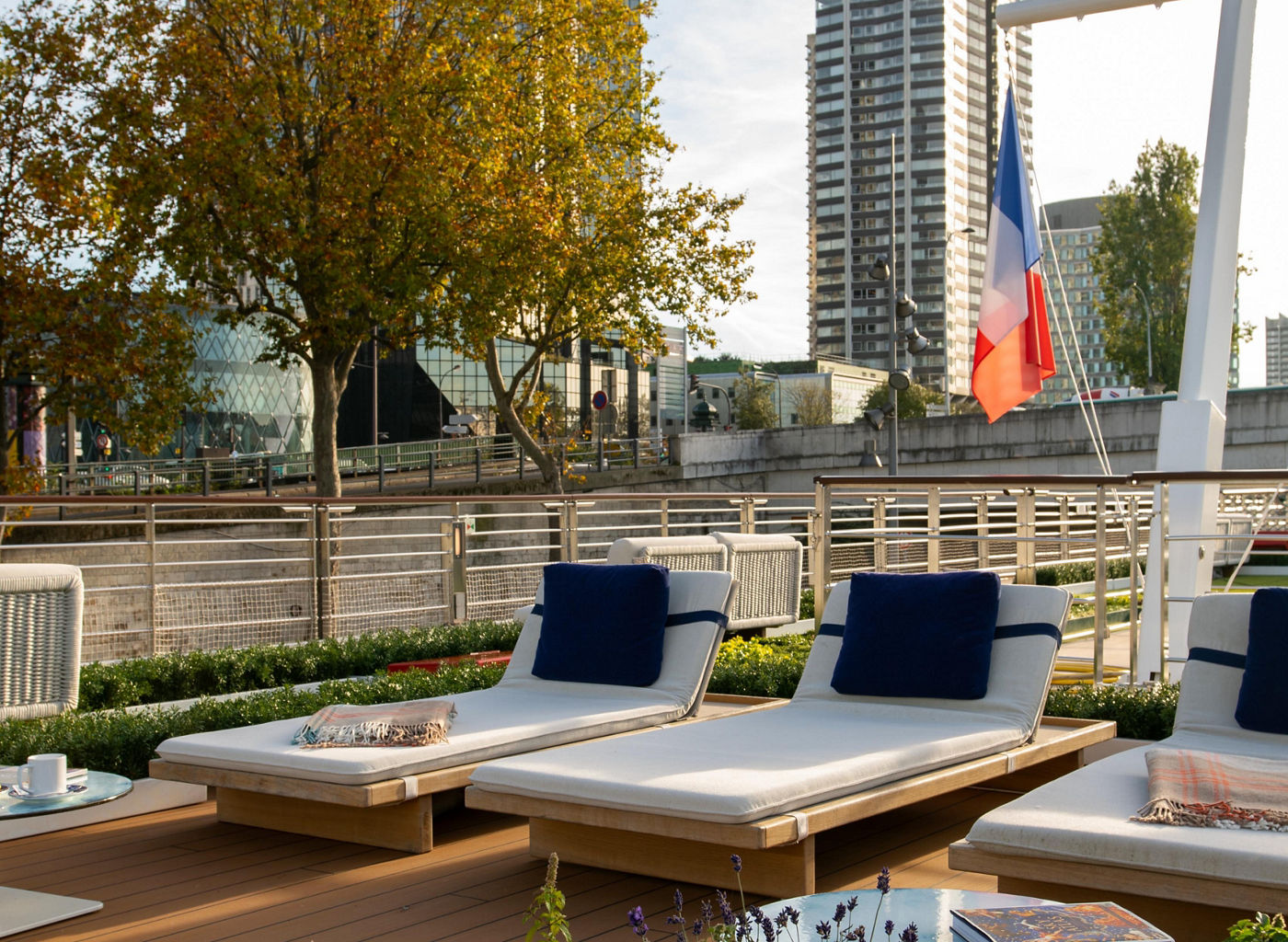 Luxury river cruise deck with Viking flag