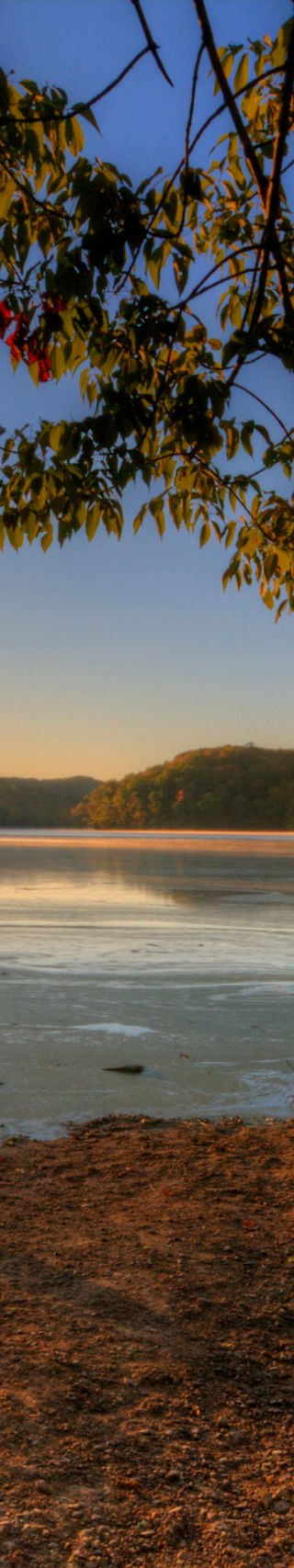 Scenic sunrise over tranquil lake and forest