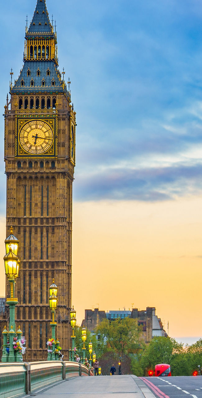 Big Ben and London street at sunset