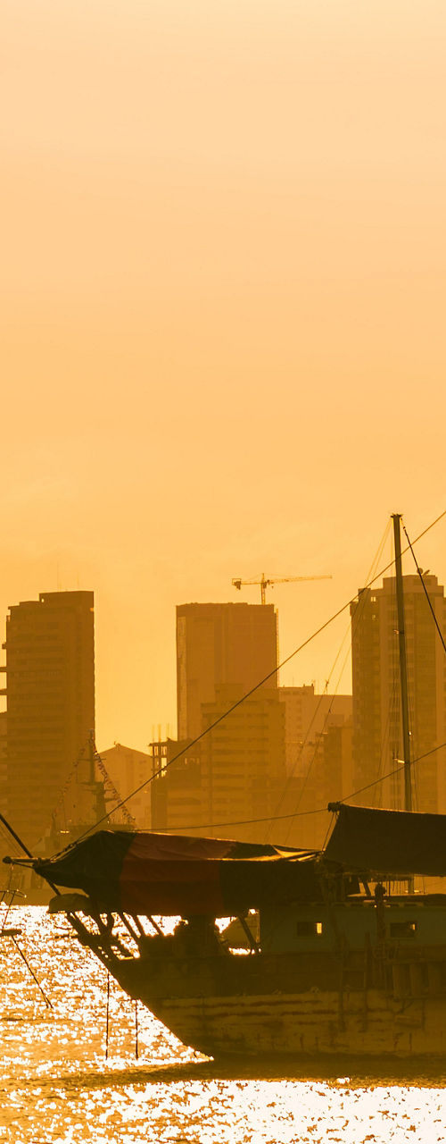 Sailboats at sunset with city skyline
