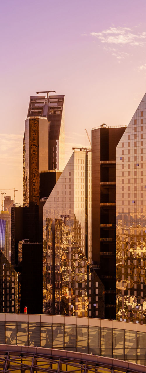 Dubai skyline at sunset with Burj Khalifa