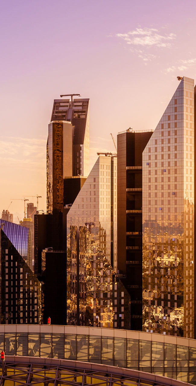 Dubai skyline at sunset with Burj Khalifa