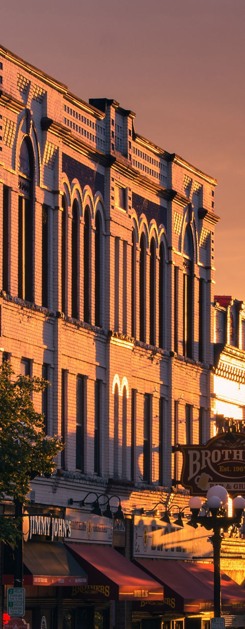Historic downtown street at sunset