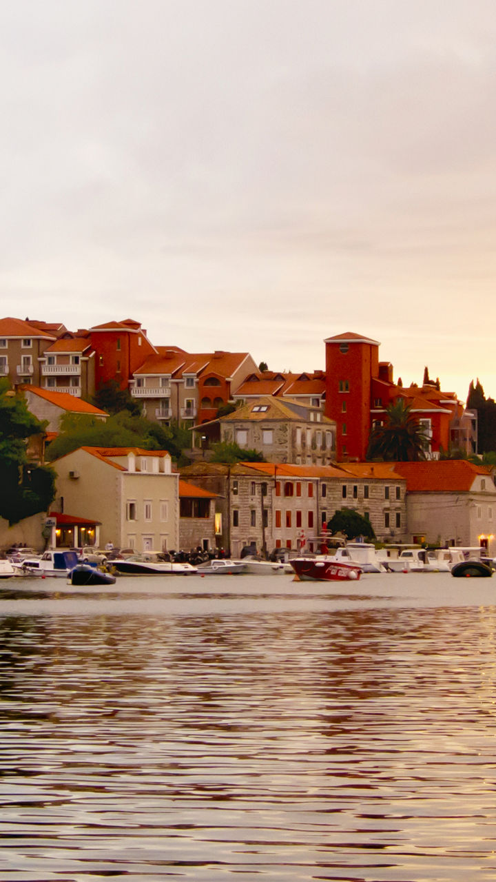 Scenic coastal town at sunset