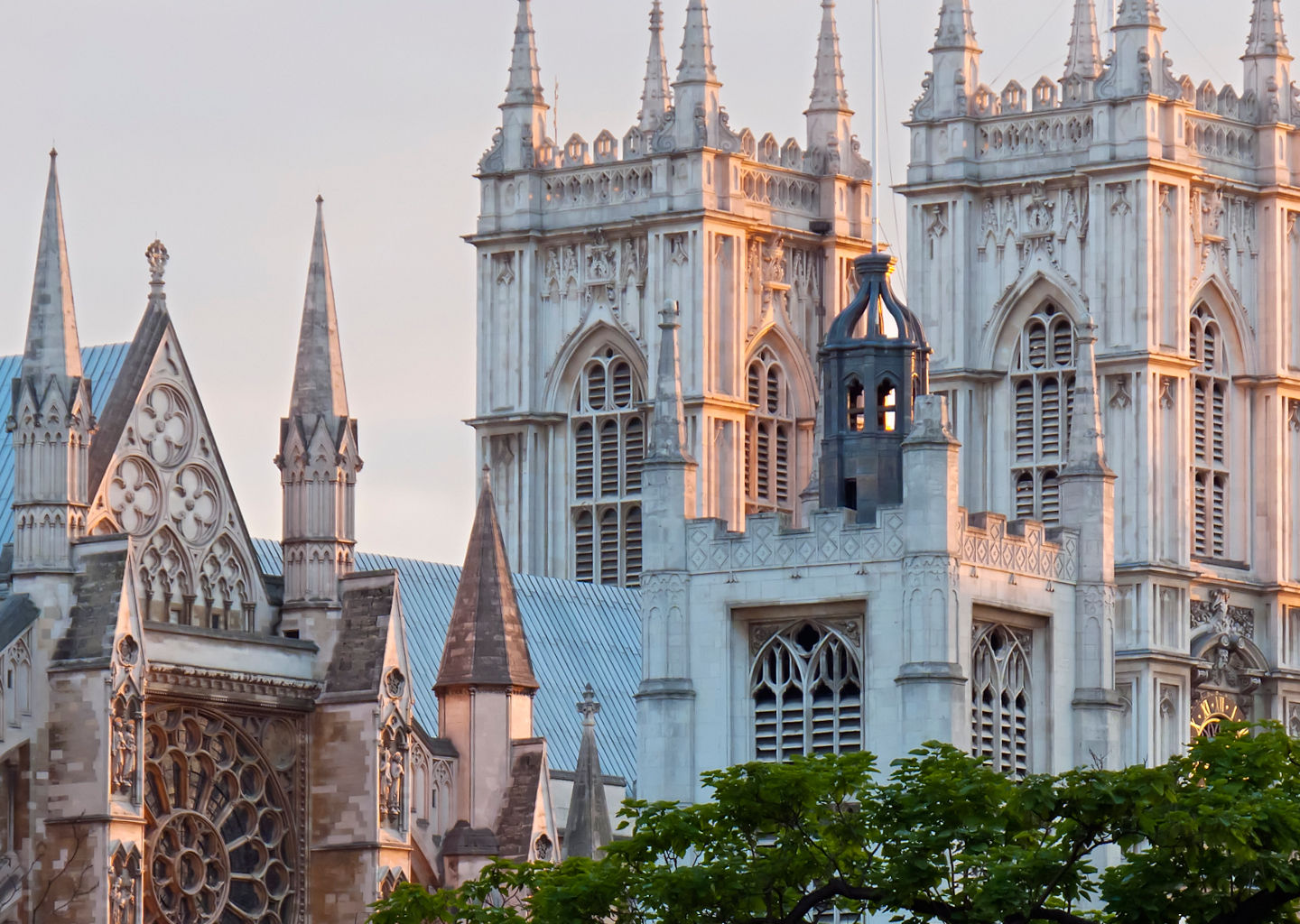Westminster Abbey at sunset with trees