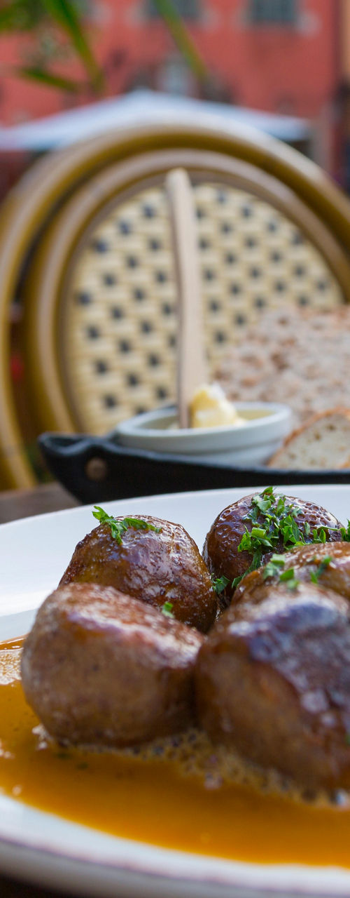 Swedish meatballs with mashed potatoes outdoors