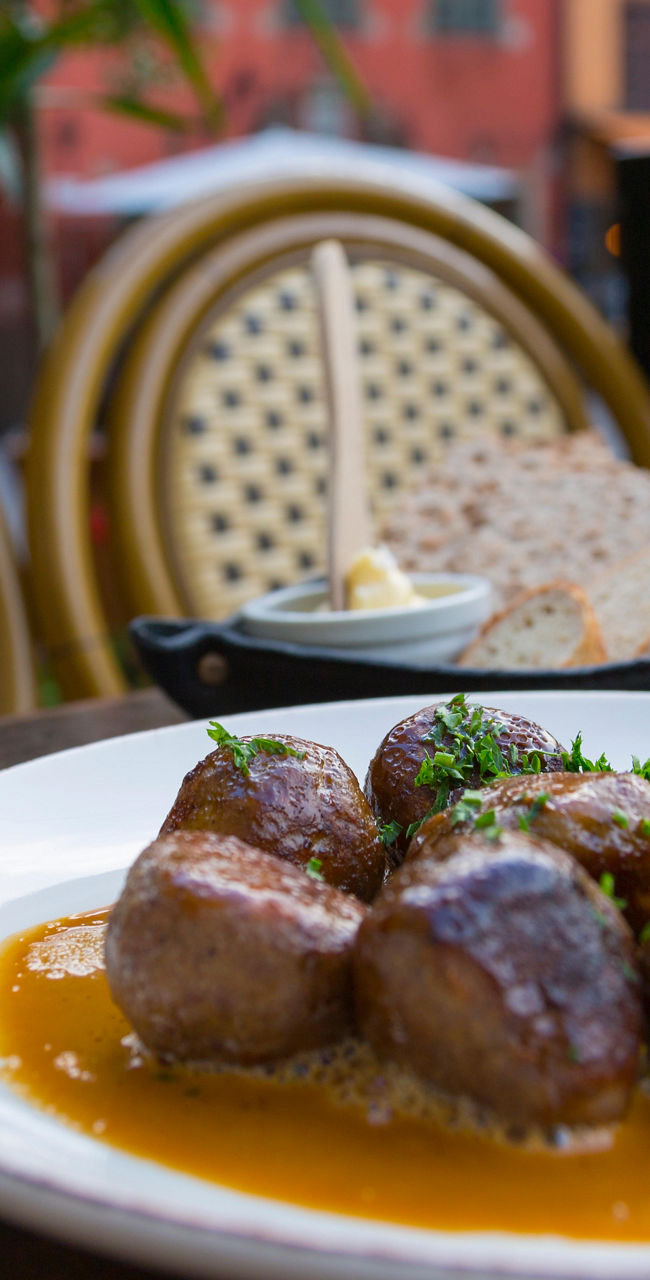 Swedish meatballs with mashed potatoes outdoors