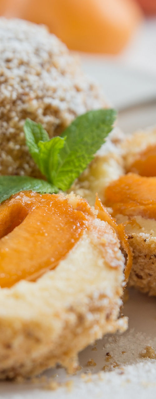 Apricot dumplings with powdered sugar dessert