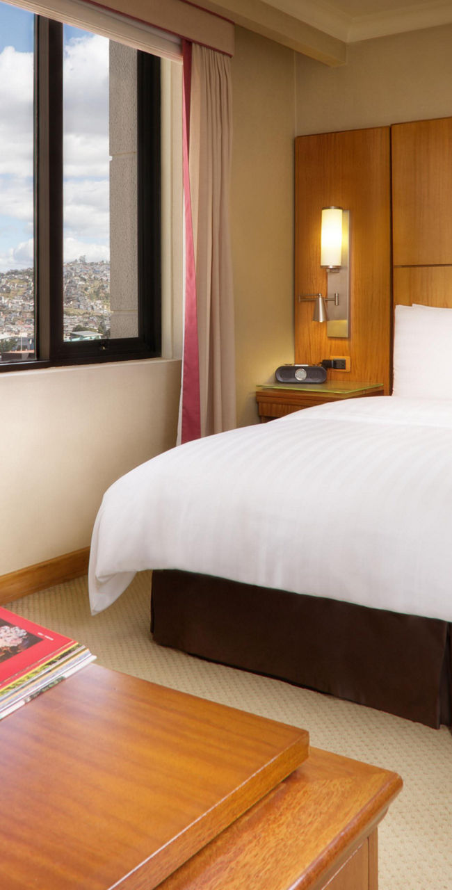 Modern hotel room with city view