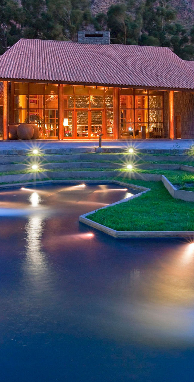 Luxury resort with illuminated water features