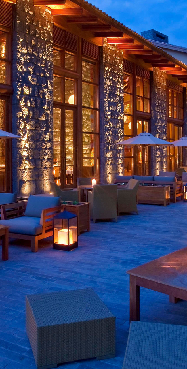 Elegant outdoor lounge at dusk