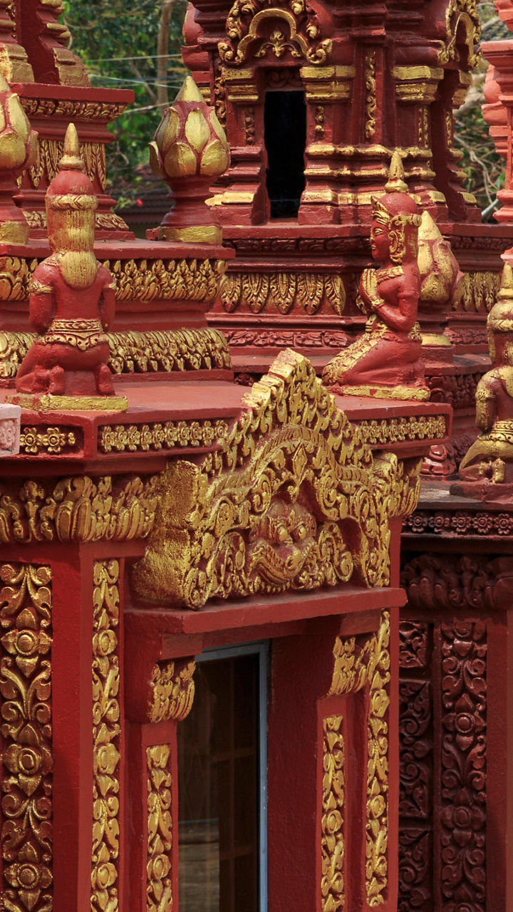 Intricate red and pink temple structures