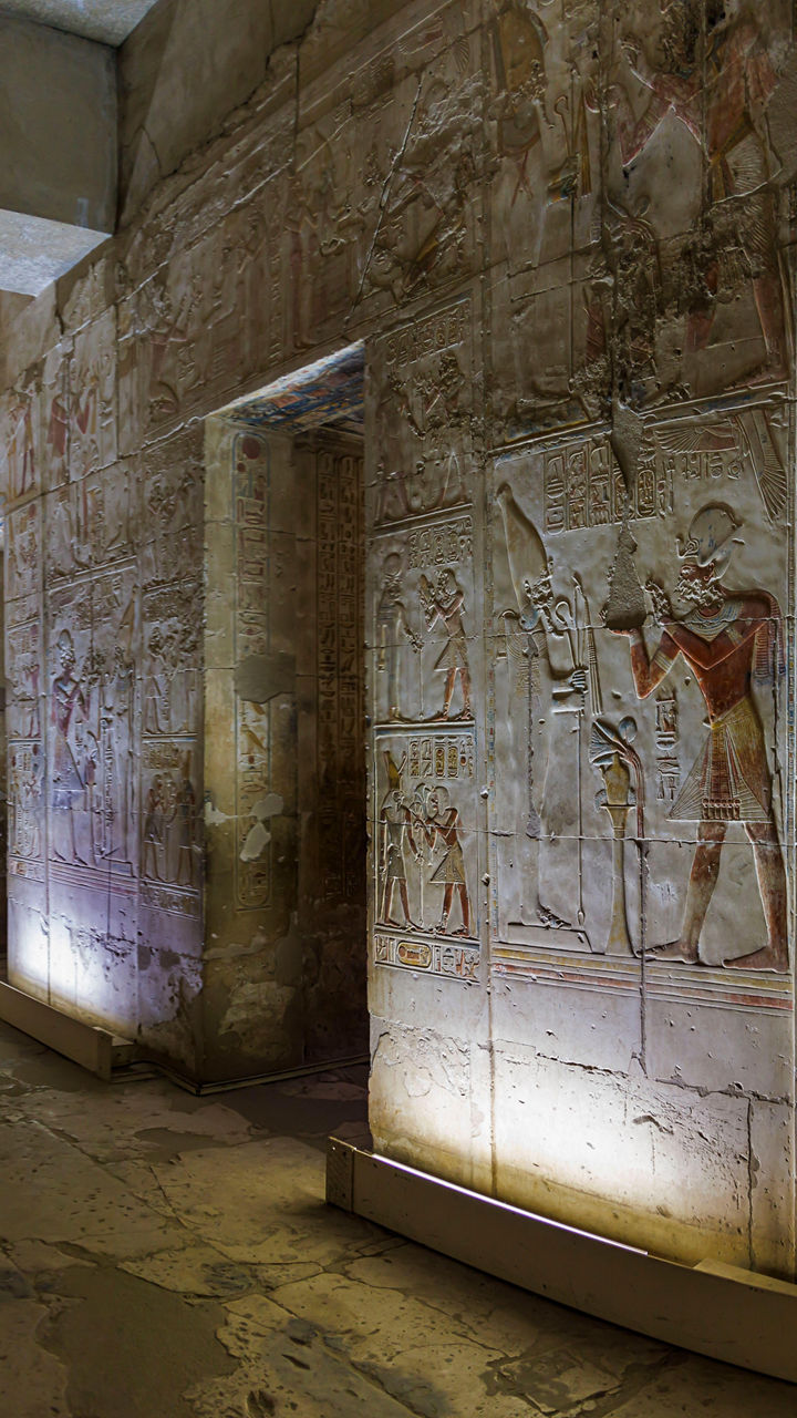 Ancient Egyptian temple interior with hieroglyphs