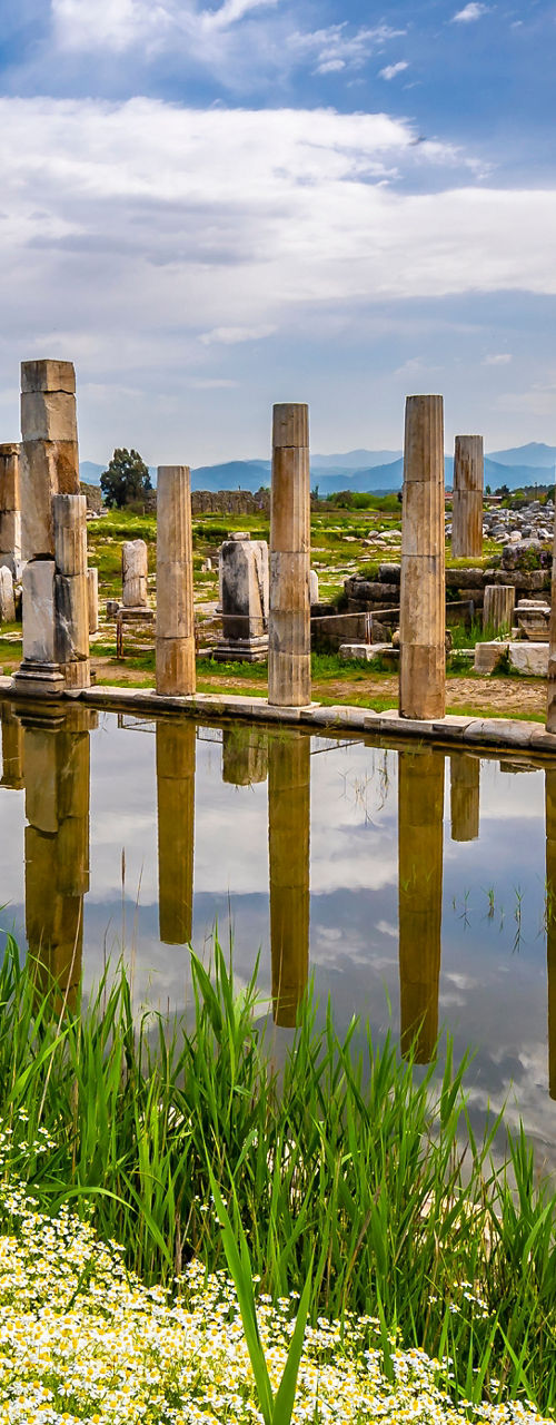 Ancient ruins with reflective water view