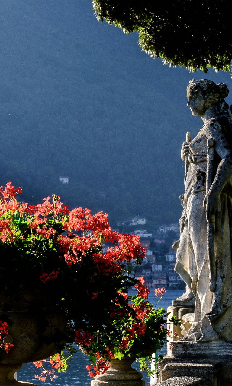 Statues and flowers by serene lake