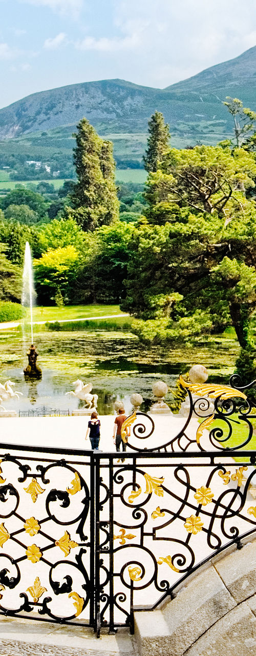 Elegant garden with mountain view and fountain