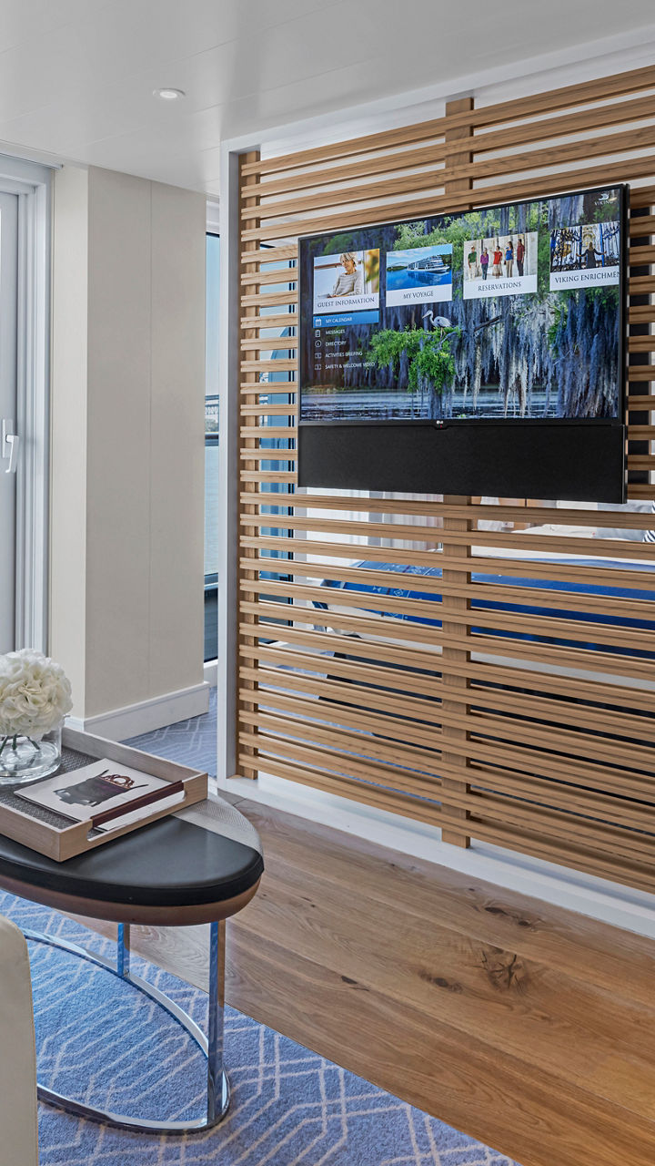 Modern hotel suite with balcony view