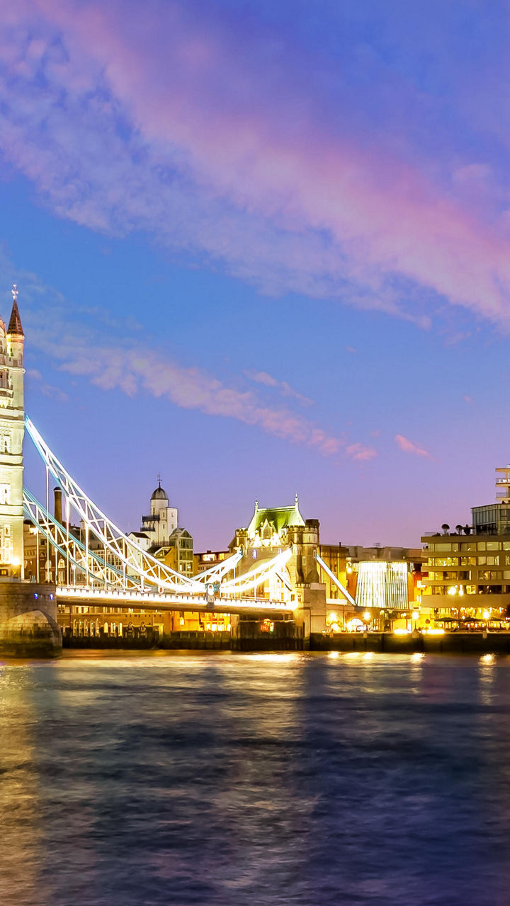 Tower Bridge at sunset with city lights