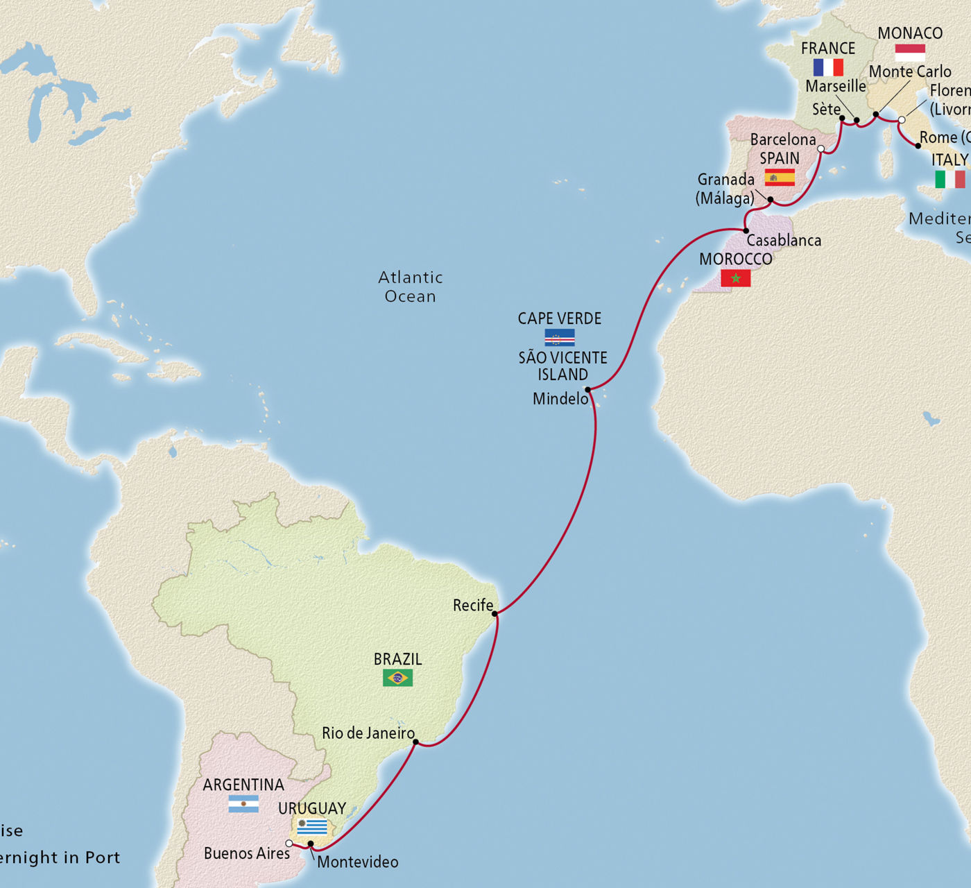 Map of The Mediterranean & South Atlantic itinerary
