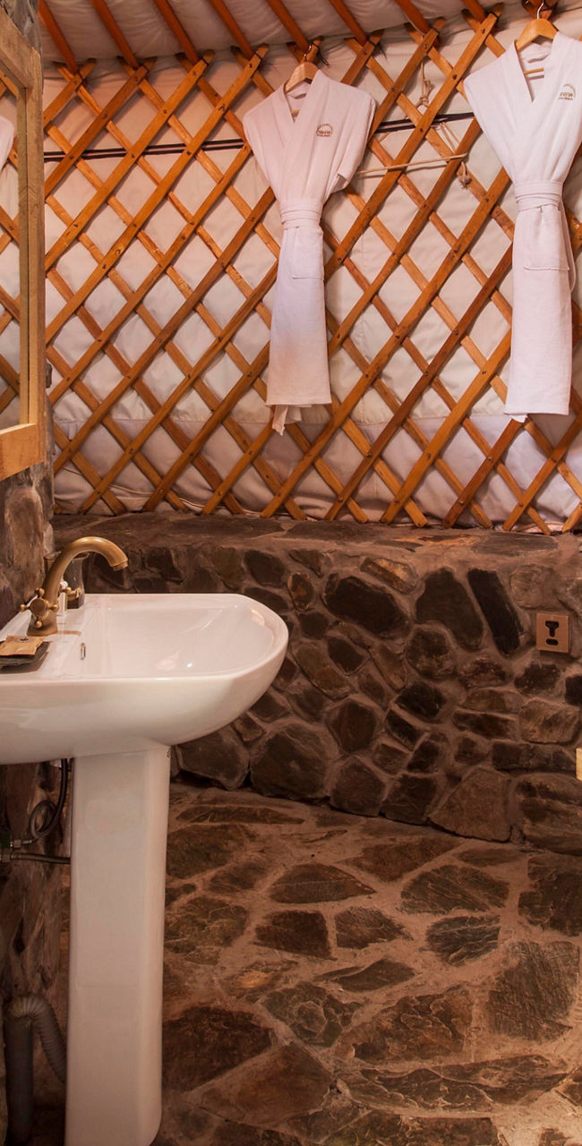 Rustic yurt bathroom with stone shower