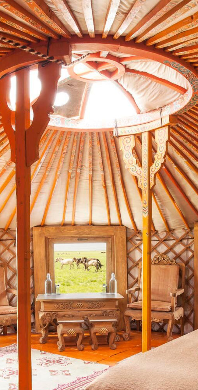 Cozy yurt interior with natural light