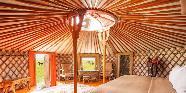 Cozy yurt interior with natural light