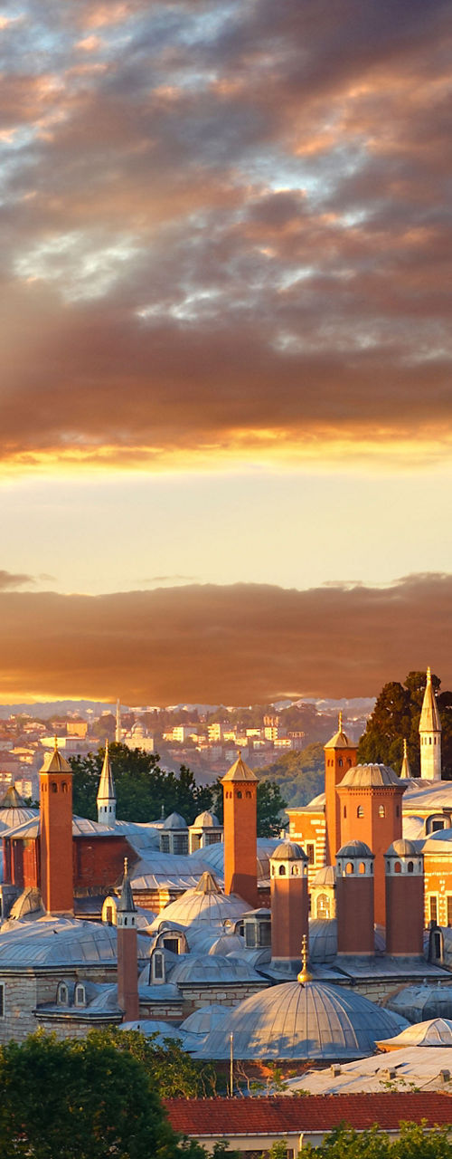 Sunset over Istanbul cityscape with historic landmarks