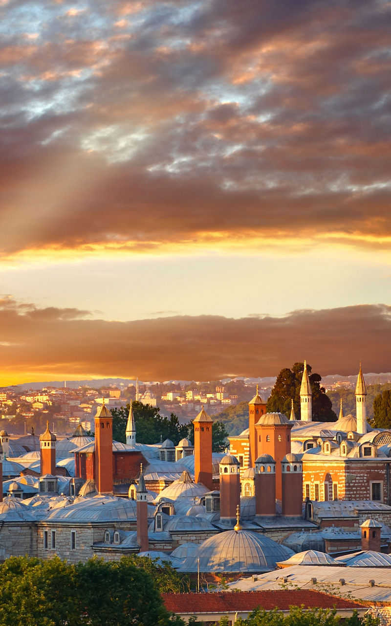 Sunset over Istanbul cityscape with historic landmarks