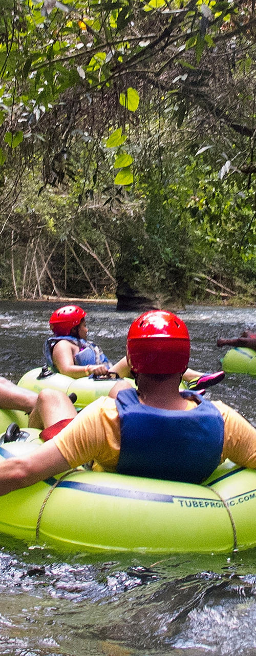 Group tubing adventure in lush river