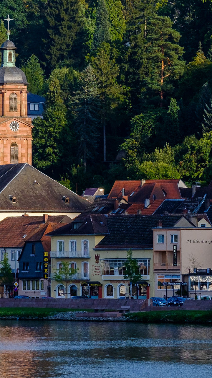 Scenic riverside town with historic architecture
