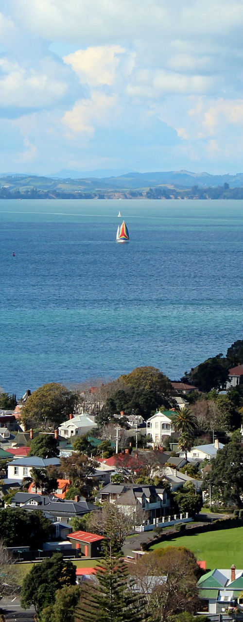 Scenic coastal town with sailboats and greenery