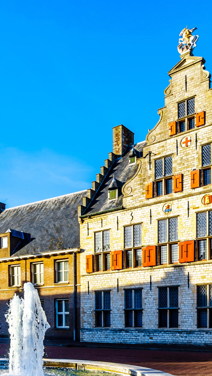 Historic European building with fountain