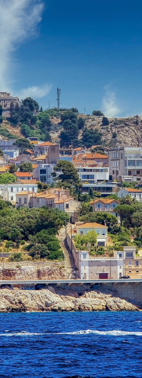Scenic view of Marseille coastline and basilica