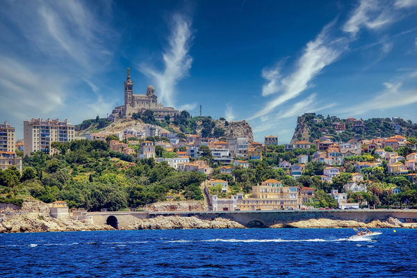 Scenic view of Marseille coastline and basilica
