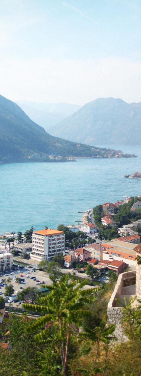 Scenic coastal town with historic tower