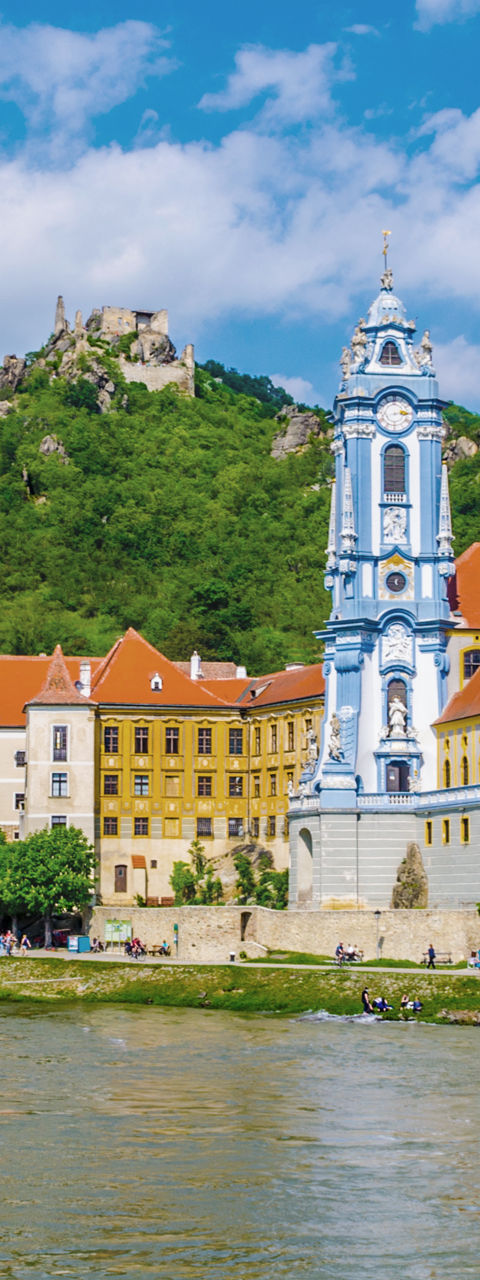 Scenic riverside town with historic architecture