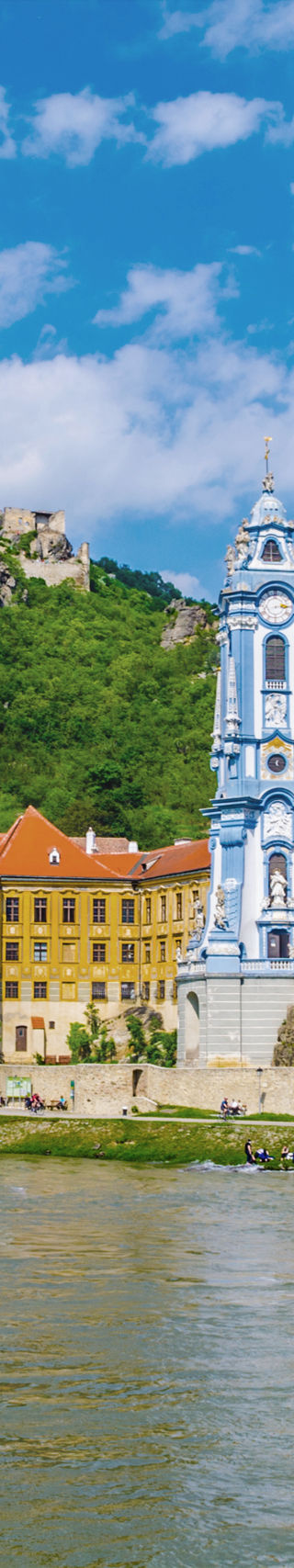 Scenic riverside town with historic architecture