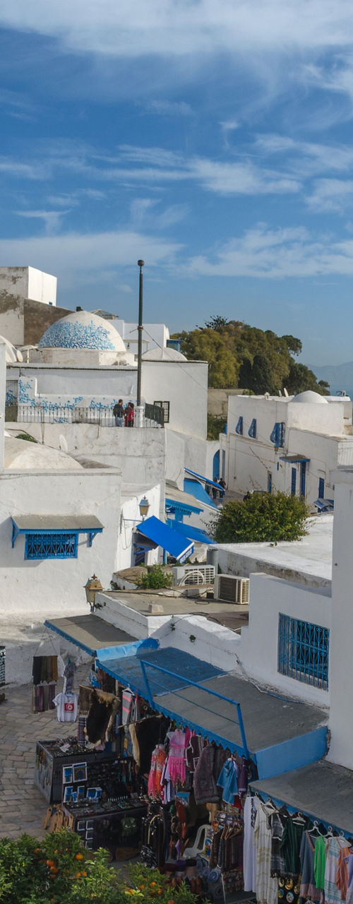 Whitewashed Mediterranean town with blue accents