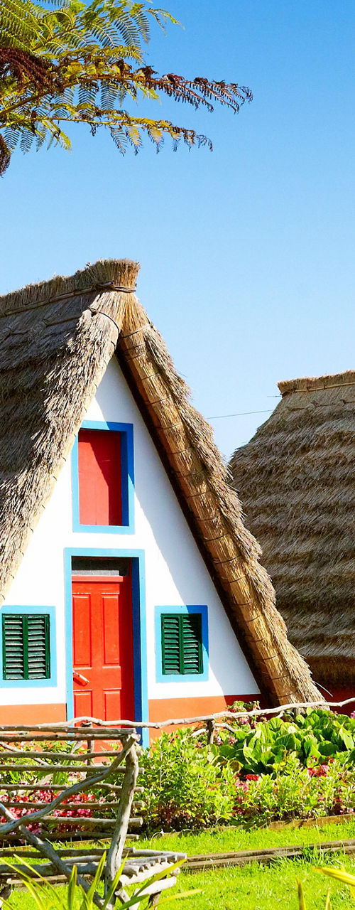 Traditional A-frame cottages in lush garden