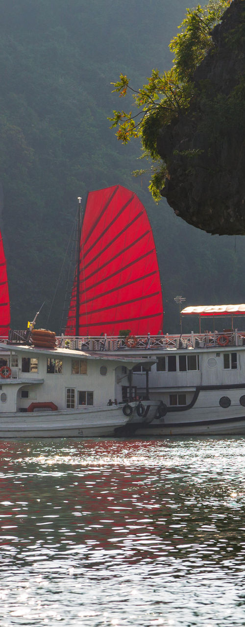 Red-sailed boat in scenic limestone bay