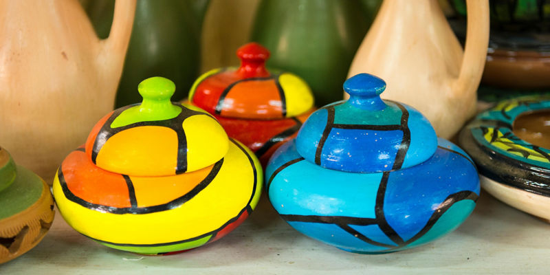 Colorful ceramic pots with abstract designs
