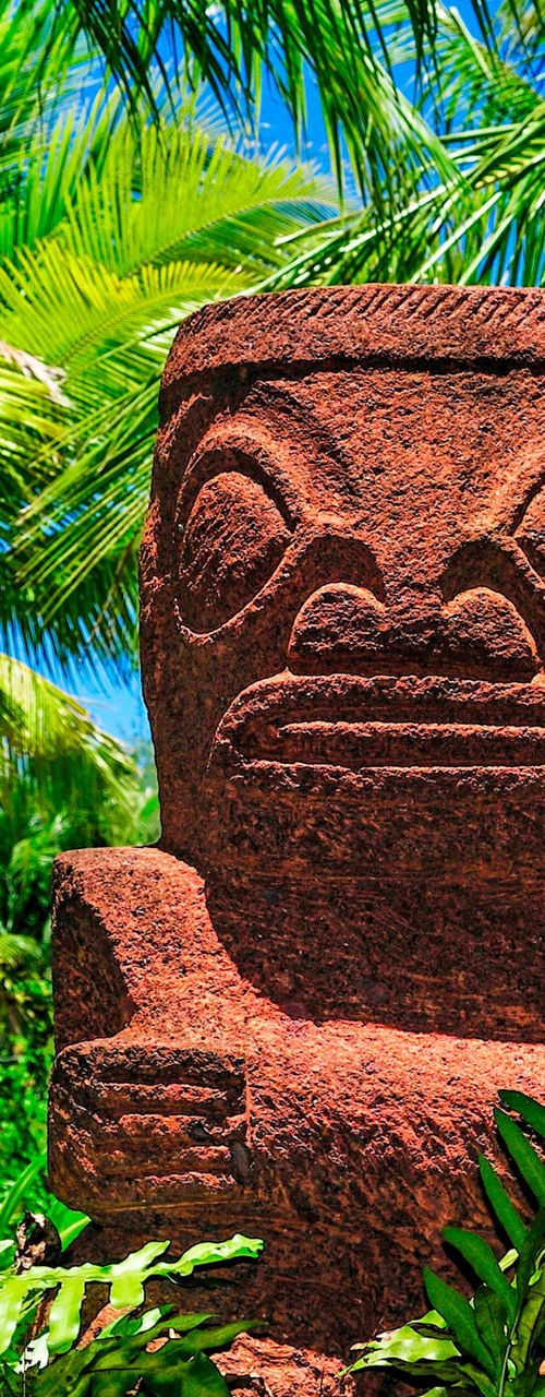 Tropical stone statue amidst lush palm trees