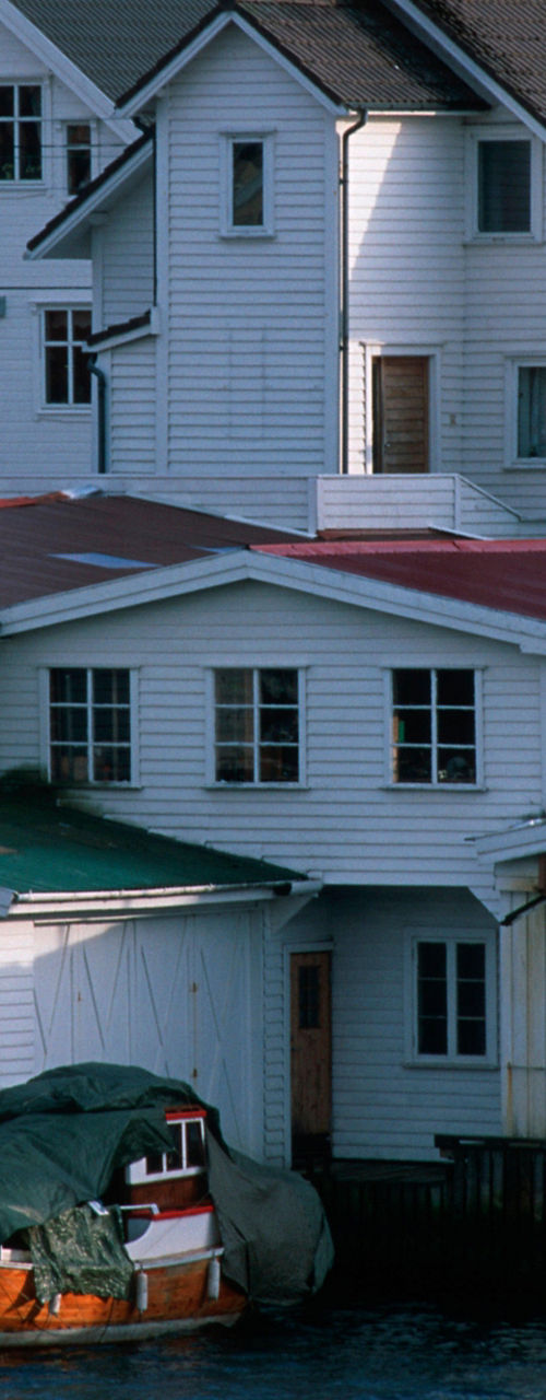 Coastal houses with docked fishing boats