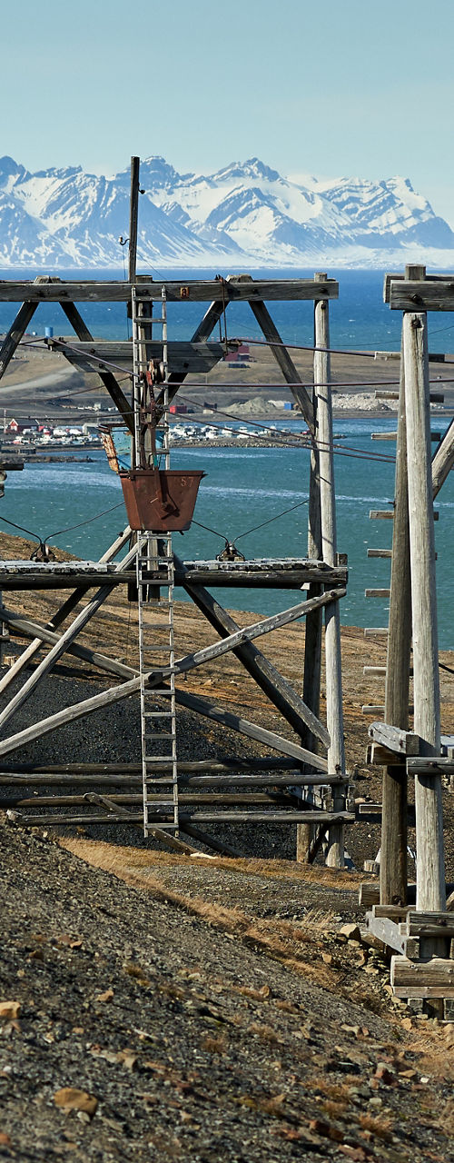Abandoned cableway with Arctic mountain backdrop