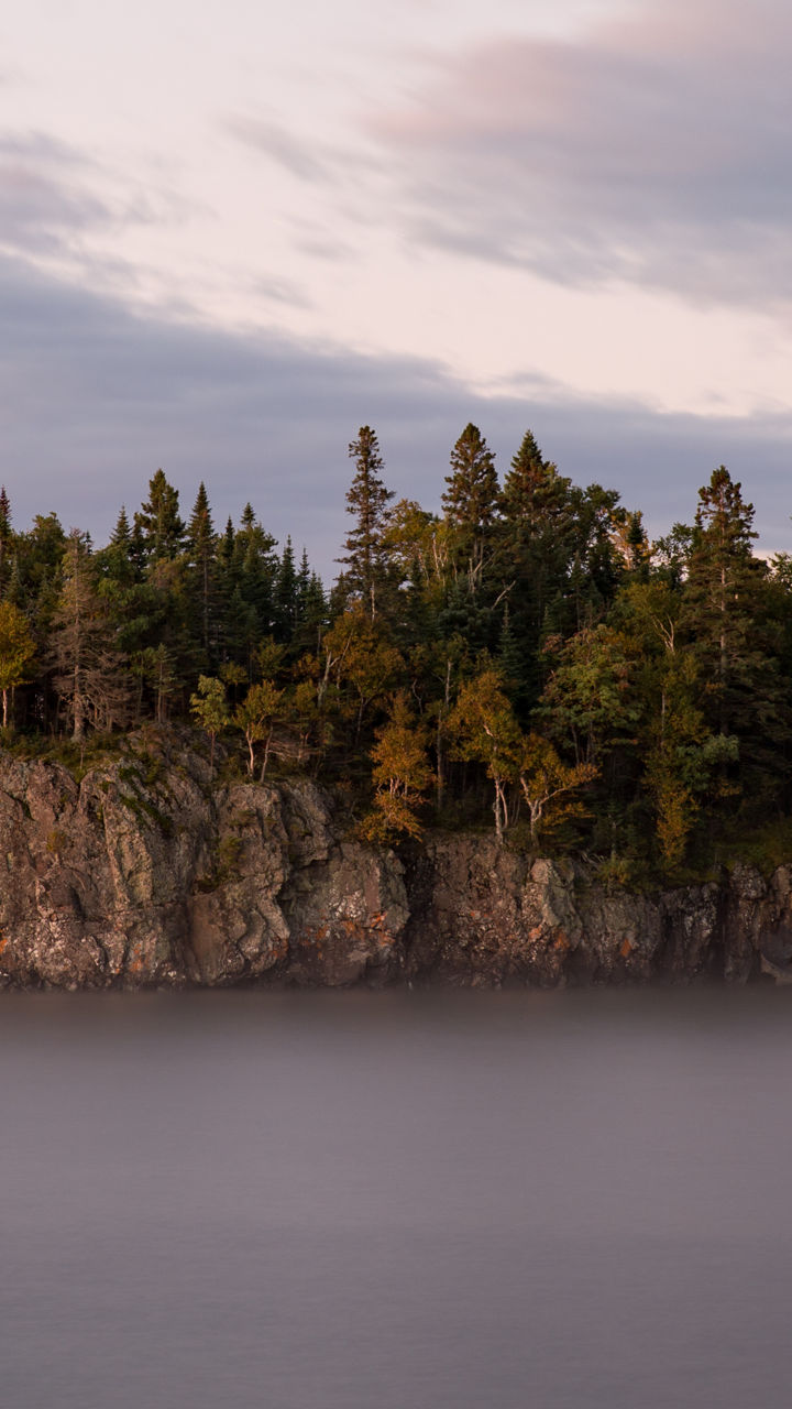 Serene island at sunset with trees